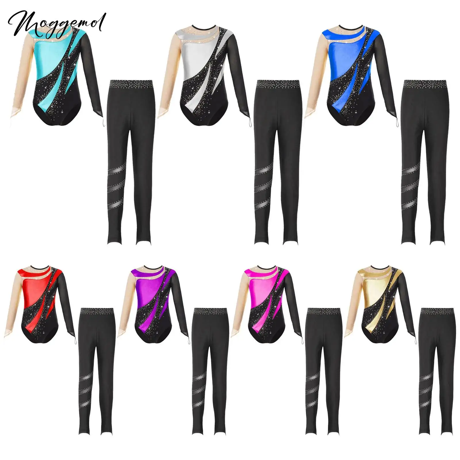 Kids Girls Gymnastics Ice Skating Practice Ballet Outfits Competition Long Sleeve Keyhole Back Leotard with Rhinestones Leggings