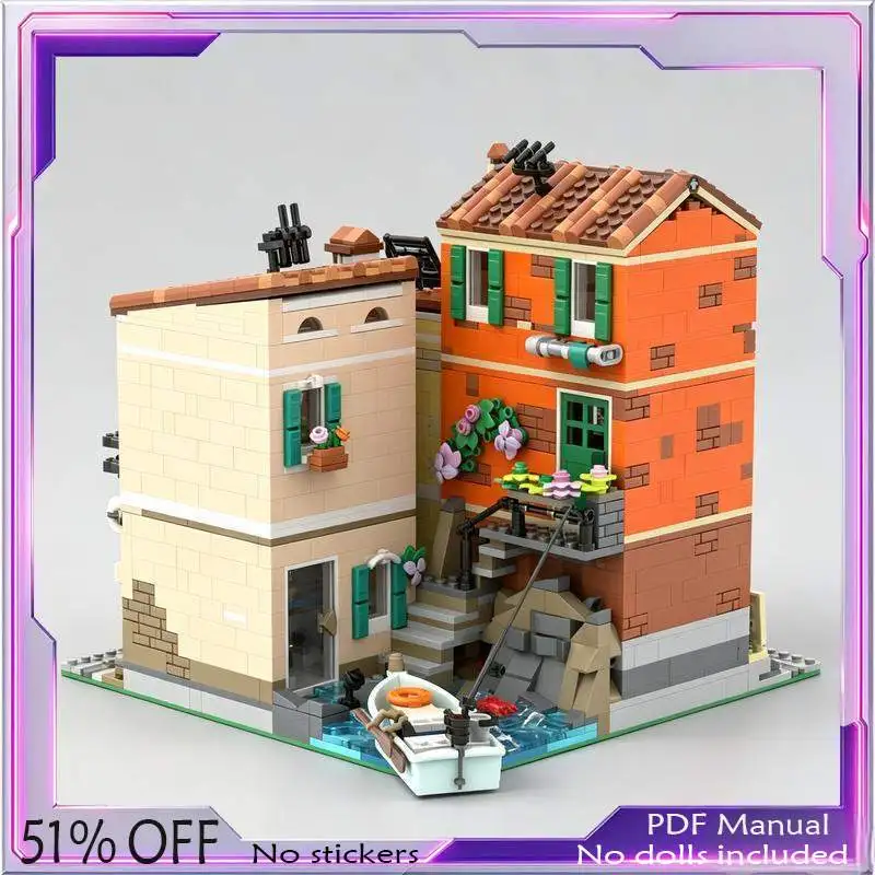 2911PCS MOC Italian Style Seaside Corner Modular House Building Blocks Model Custom Puzzle DIY Assembly Architecture Toy Gift