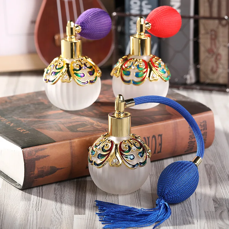 

60pcs 50ml Patented Metal Refillable Perfume Atomizer Pump Spray Oil Pumpkin Shape Glass Gas bag Air Ball Attar Bottles
