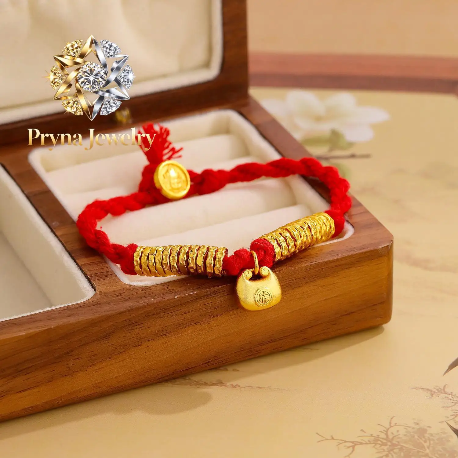 

Pryna Jewelry 999 24K real gold small fat Fu coil wrapped hand rope women ancient fashion new niche design braided hand rope b