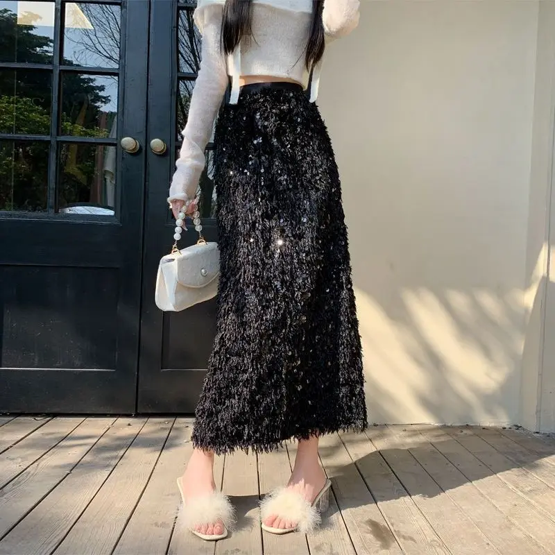 

Шикарные юбки для женщин, нерегулярная юбка, женские лоскутные прямые длинные юбки с блестками и боковыми разрезами, женская мода