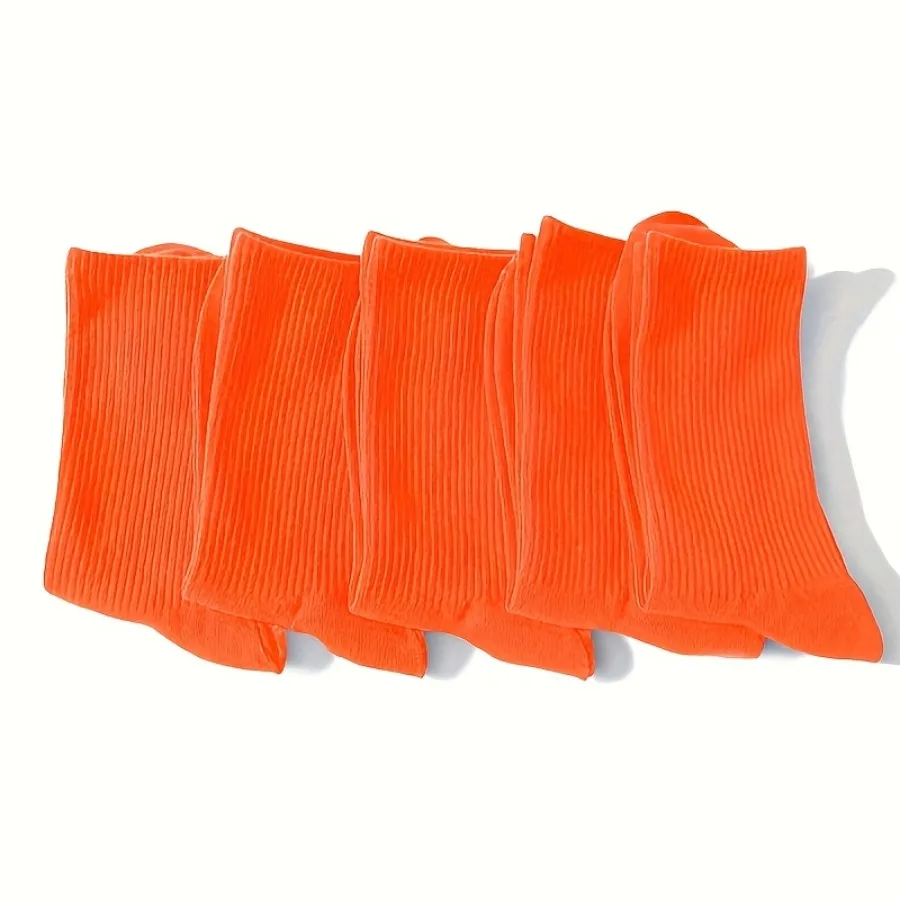 7 Pairs of Unisex Orange Thin Comfortable Cute Solid Color Striped Mid-Tube Sports Socks, for Teenager, For Teenager