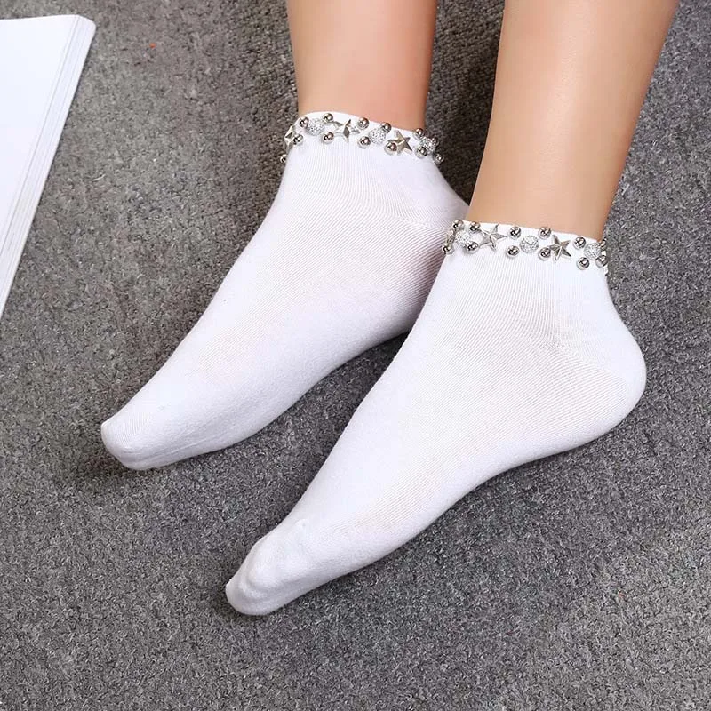 College Style Handmade Shiny Pearl Reto Socks Korean Princess Art Socks Women Japan Harajuku Fashion Calcetines Mujer