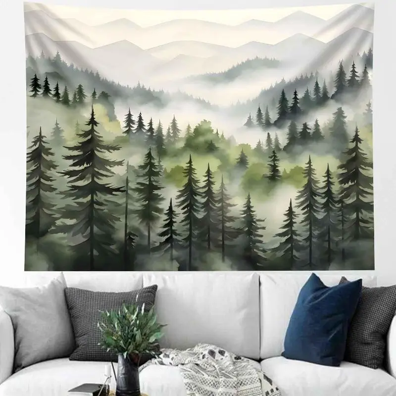 Misty Forest Mountain Wall Tapestry Nature Landscape Backdrop Polyester Wall Hanging Bedroom Dorm Living Room Bohemian Decor