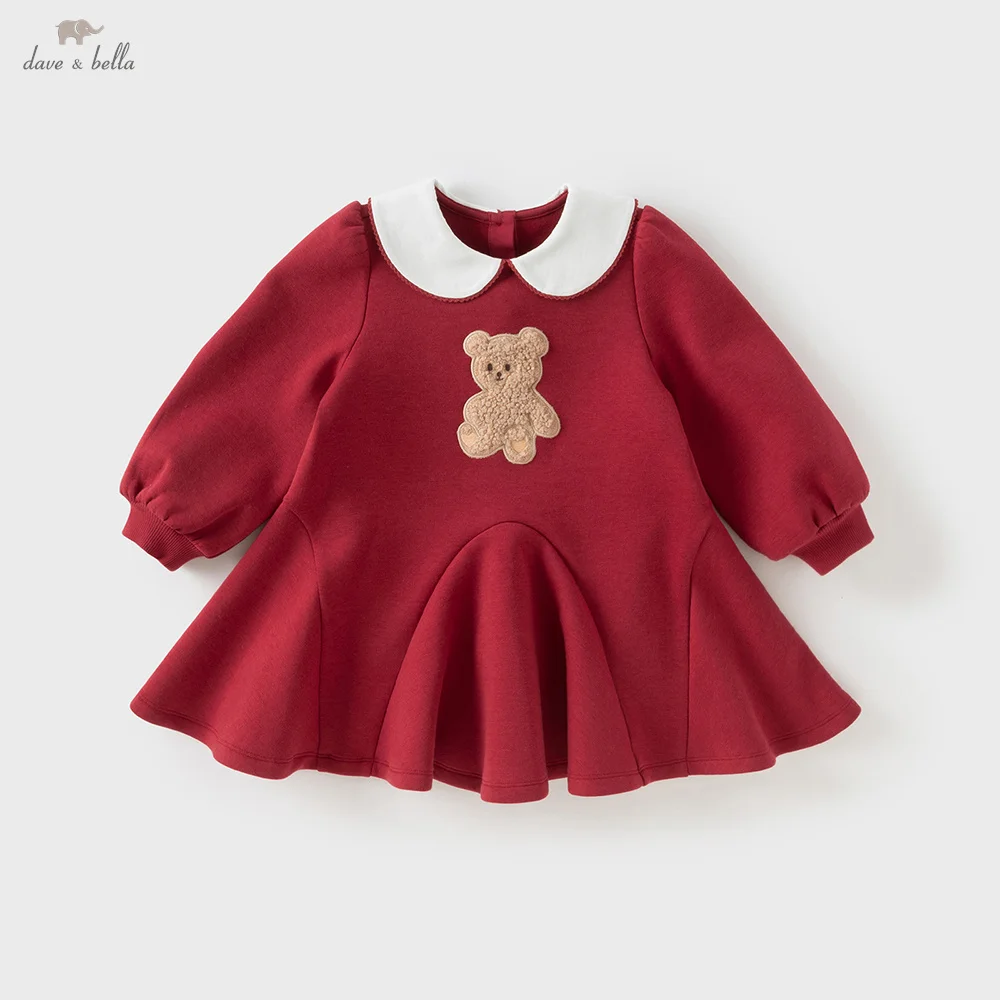 Dave Bella Girls Baby  Knitted Dress Autumn Sweet Cute Cartoon Bear Children's Red Long Sleeve Princess Dress Party DB3253096