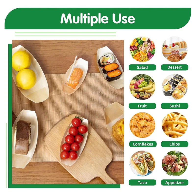 【People Favorite】100 Set Wooden Disposable Food Boats Dessert Plates Food Trays Boat Plates Disposable Plates