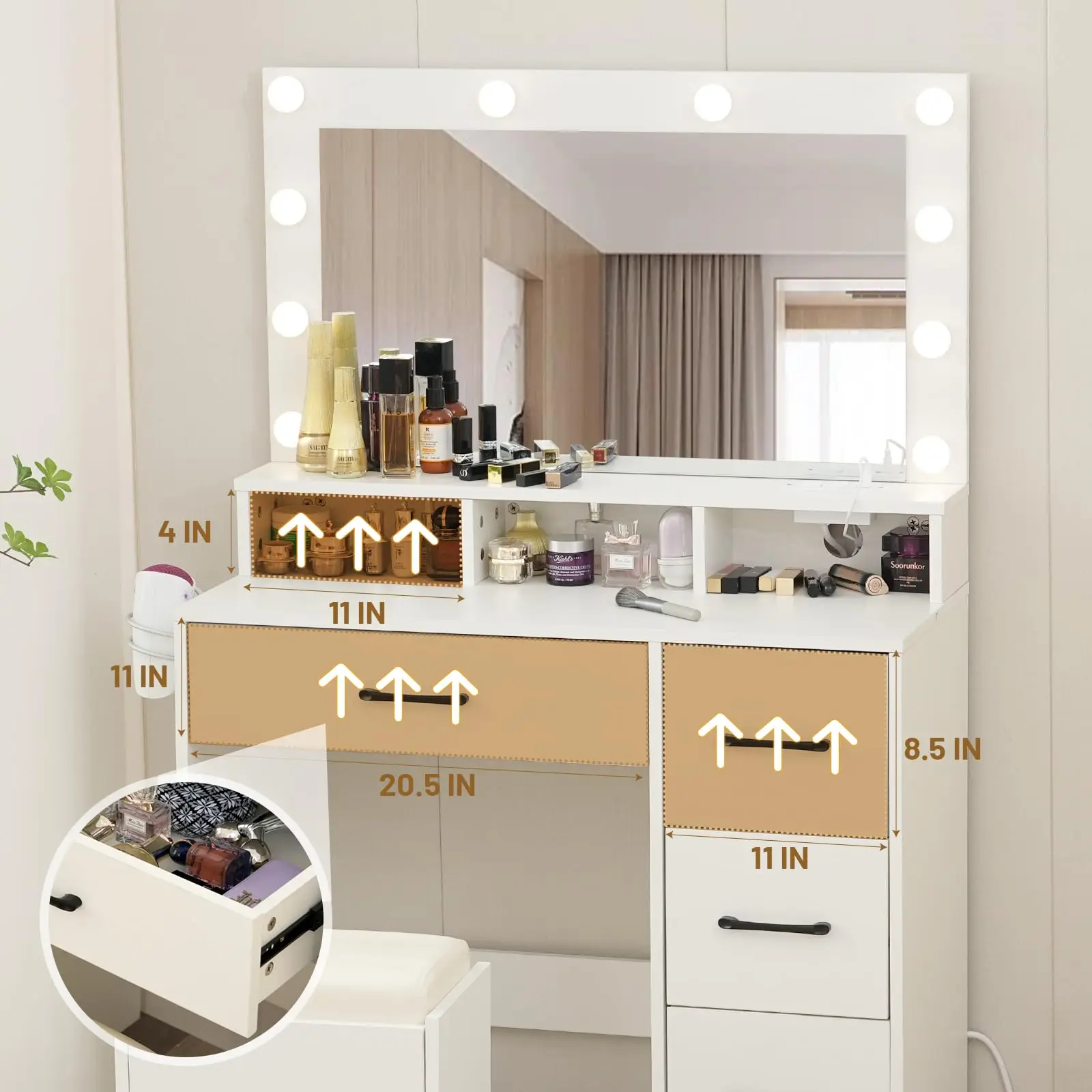 Dressing Table with Sliding Mirror and Light Makeup Dressing Table with Drawers and Chair White Dressing Table-Amazon custom