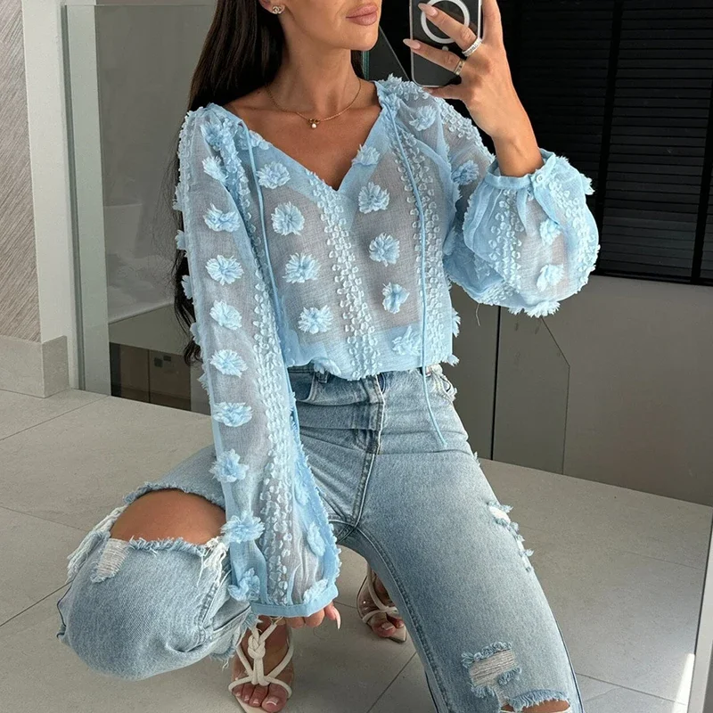 Casual Long Sleeve Lace Up Commuter Pullover Sexy Perspective Holiday Women Blouses Spring Fashion V-neck Jacquard Solid Shirt