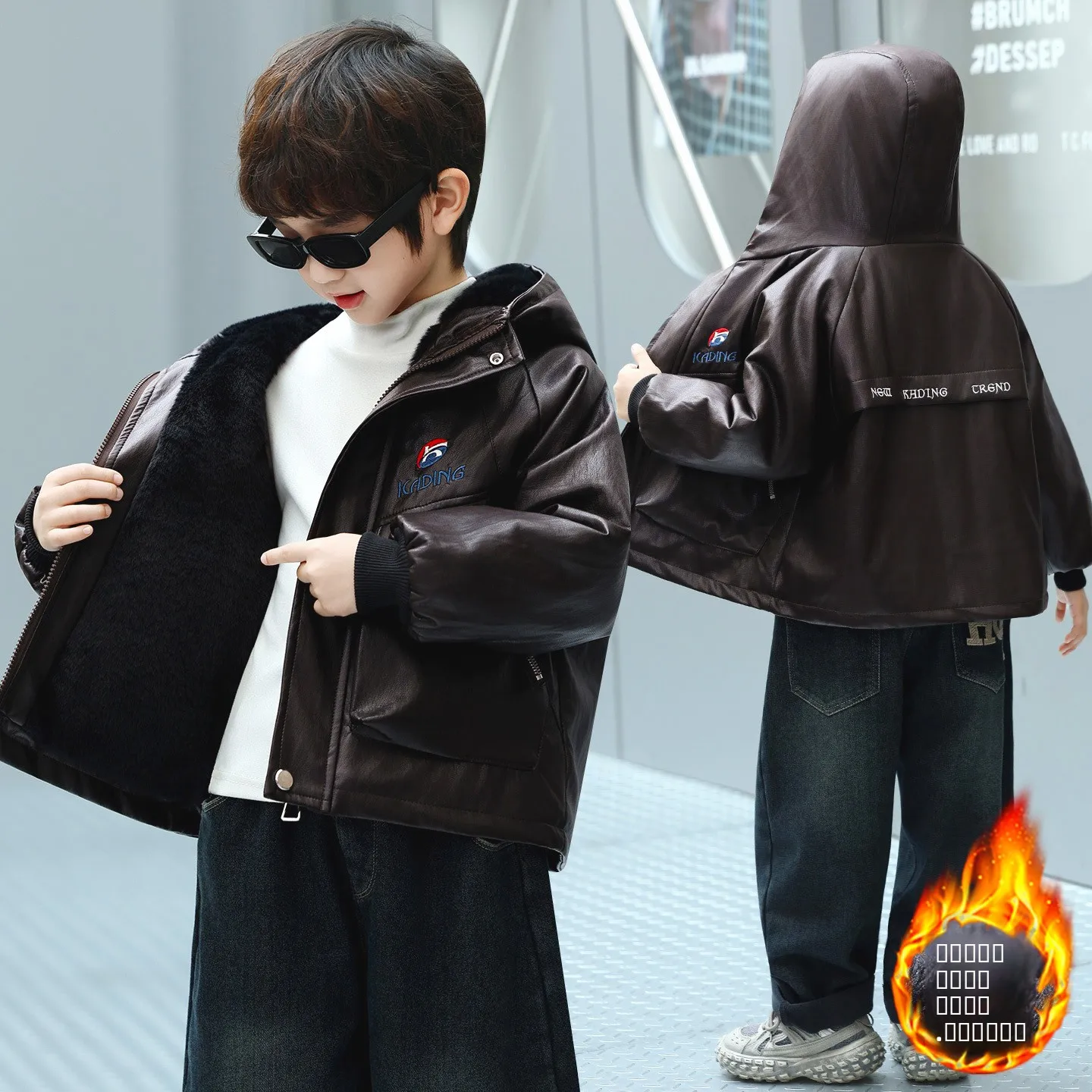 

Thiened Fce Lined Soft Rabbit Fur Jaet Coat for Boys Winter Warm eepskin Leather Jaet Youth Casual Stand Fit