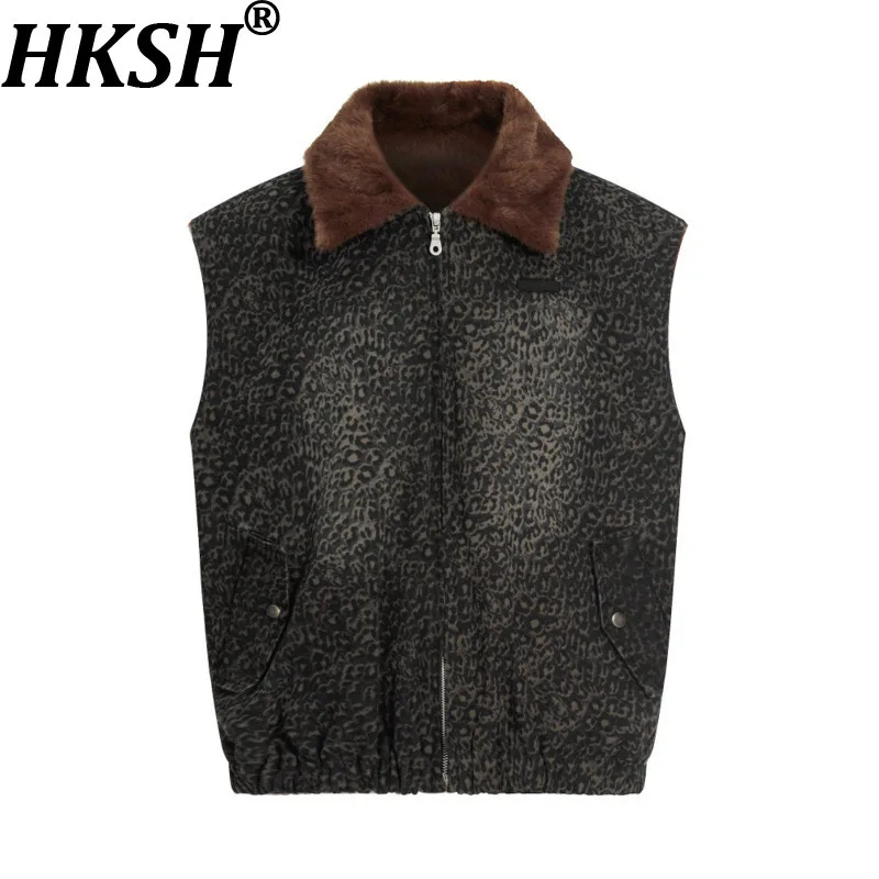 HKSH Leopard Print Cotton Vest Winter New Men Tide High Street Letter Print Fleece Lined Turn-Down Collar Zipper Jackets HK15730