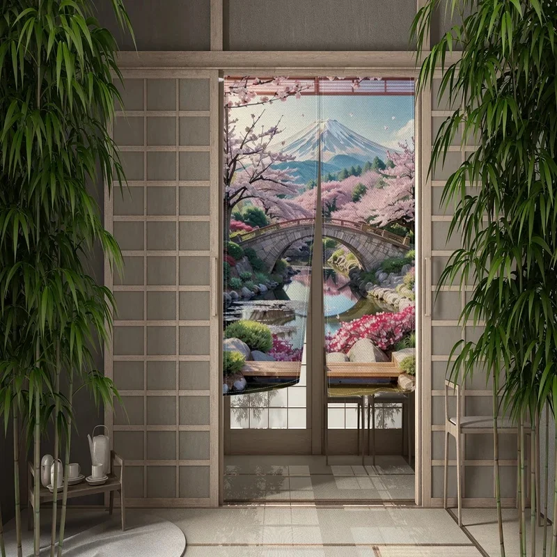 VIKAMA Japanese Noren Door Curtain Mount Fuji Cherry Blossom Stone Bridge Print Fabric Room Divider Curtain for Home Decor