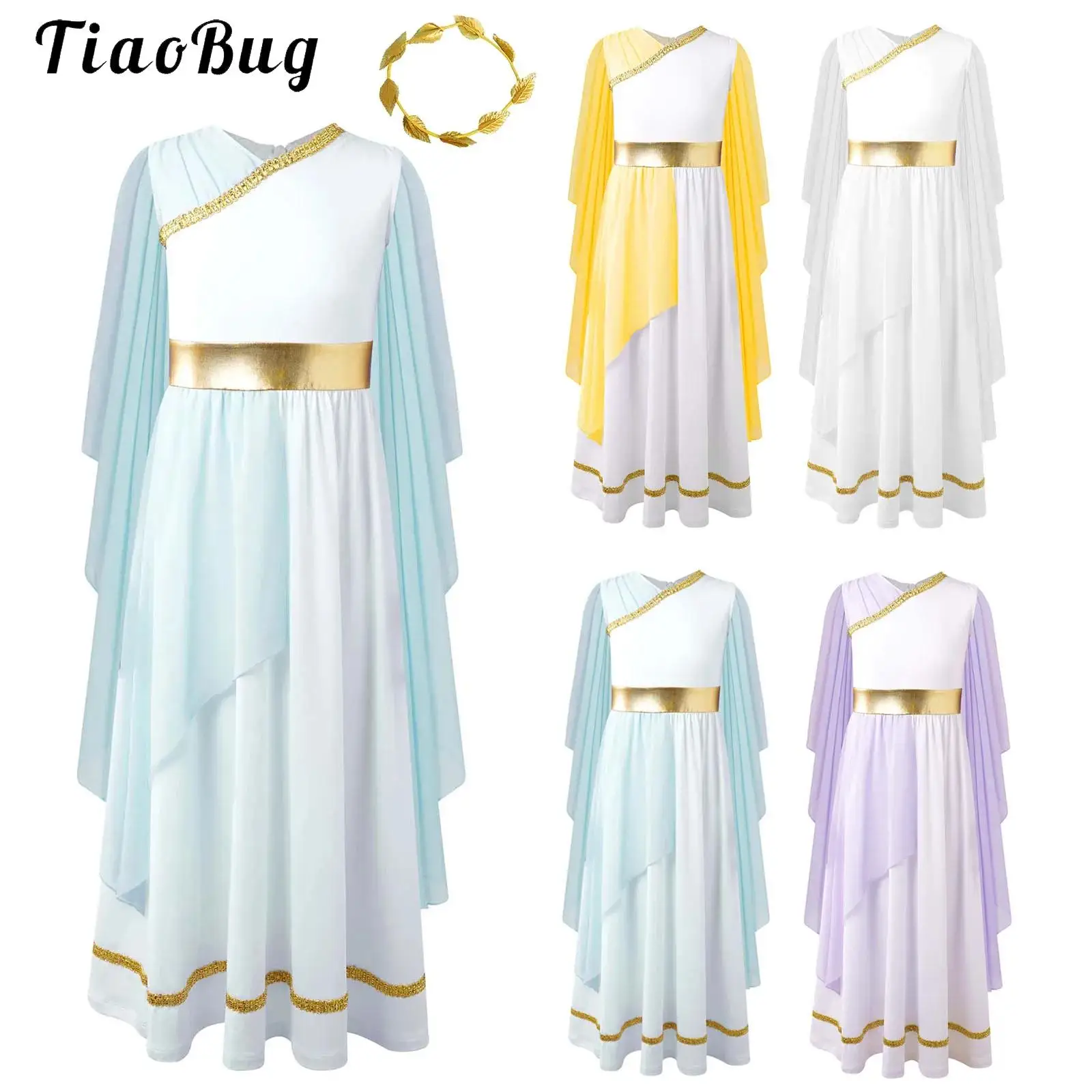 Kids Girls Roman Ancient Greek Godess Toga Costume Athena Cosplay Princess Robe Dress with Flowy Tulle Shawls Headwear Outfits