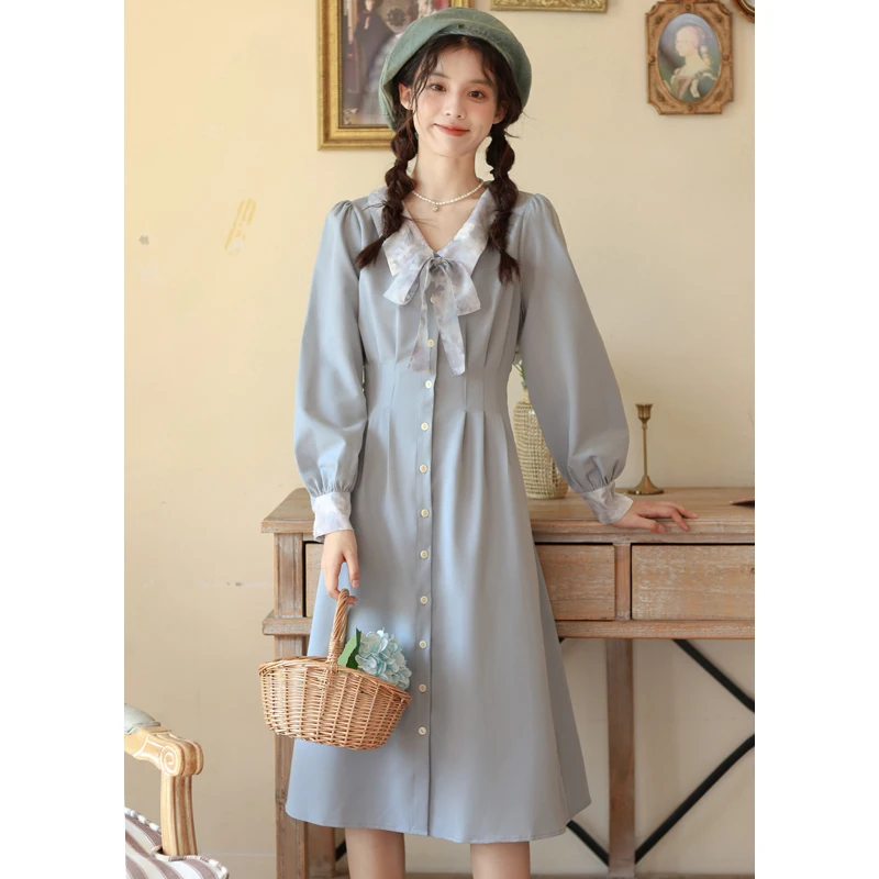 

2024 Spring New Women Dress French Vintage V-neck Bow Button Long Sleeve Dresses Sweet Mid-length A-line Dress Female