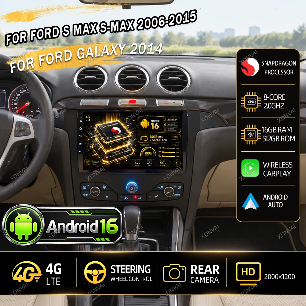 Android 16 Video Player Multimedia For Ford S Max S-MAX 2006-2015 For Ford Galaxy 2014 Car Radio GPS RDS Carplay DSP Qualcomm BT