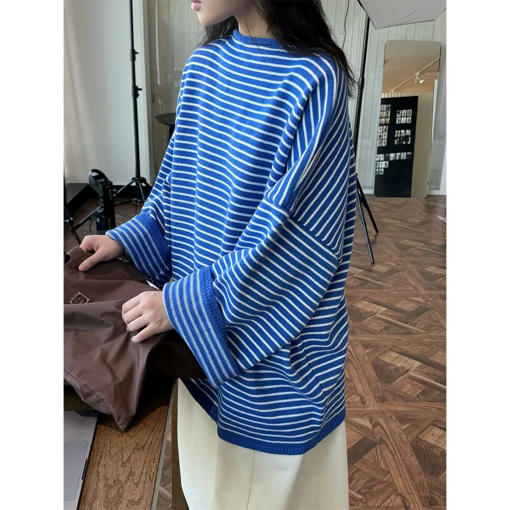 

Женский вязаный свитер в японском стиле, ранняя весна, модный INS, релаксационный полосатый дизайн, удобный топ с 3D профилем