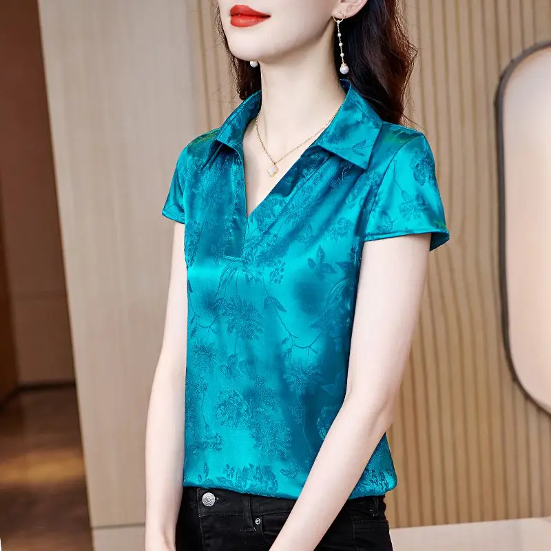 Women's High Quality Satin Flower Vintage Blouse Summer Fashion Office Lady Short Sleeve Shirt Solid Chic Tops Elegant Blusas