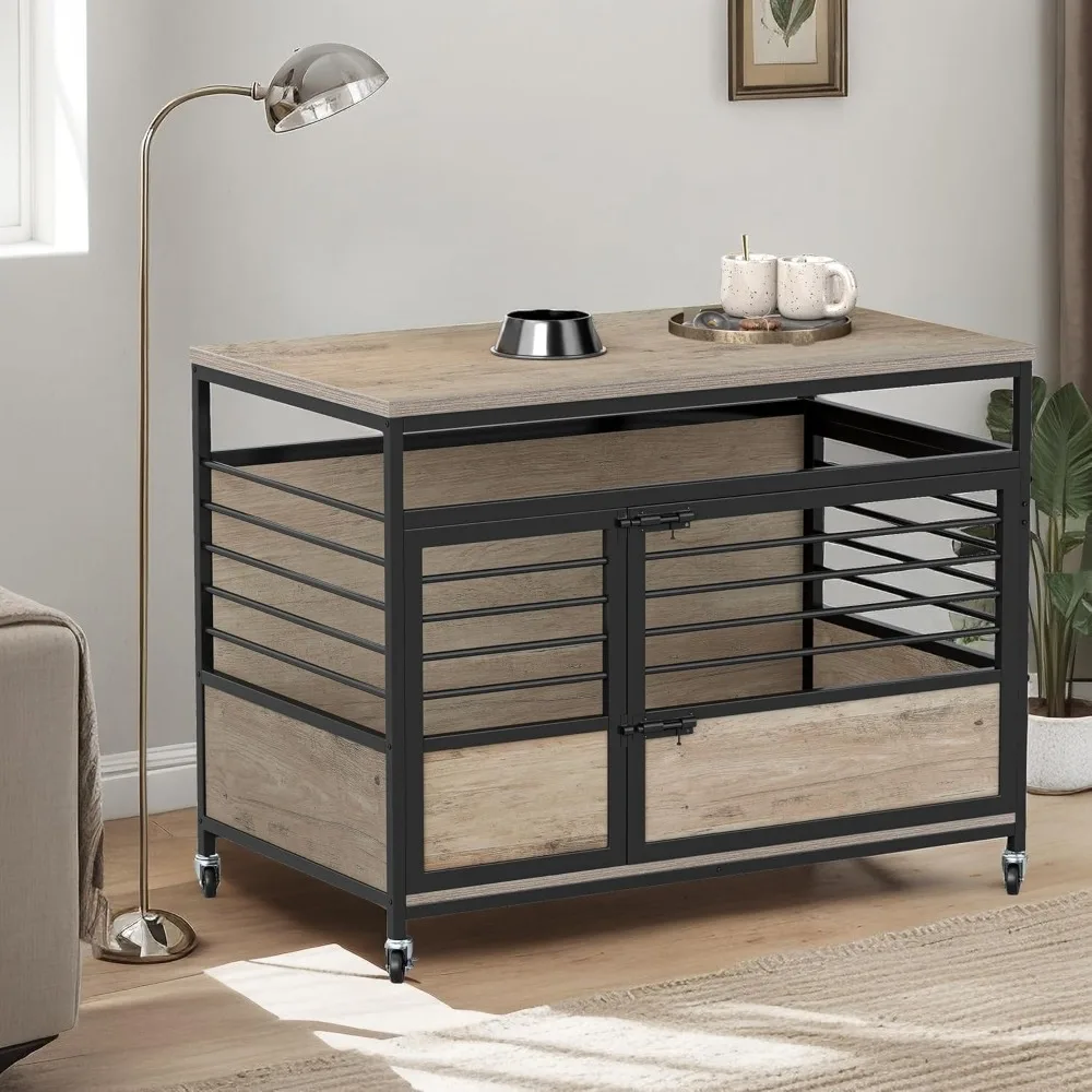 

39 Dog Crate Furniture with Wheels, Heavy Duty Wood Dog Cage Table with Double-Doors Chew-Resistant Farmhouse Decorativ