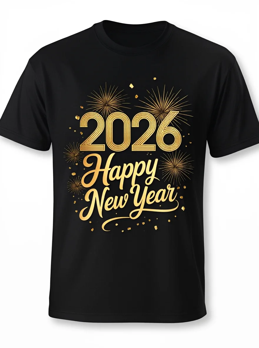 

Men's 2026 NYE T-Shirt - Fireworks/Confetti Black Golden Print Cotton Plus Size Party Tee