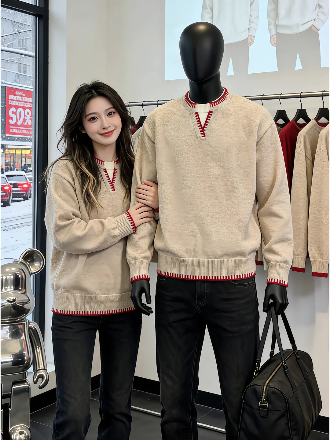 

Мужской свитер Omulong с V-образным вырезом, утепленный, зимний, вязаный, с цветными блоками, имитация двухслойности, свободный крой, в корейском стиле, базовый слой