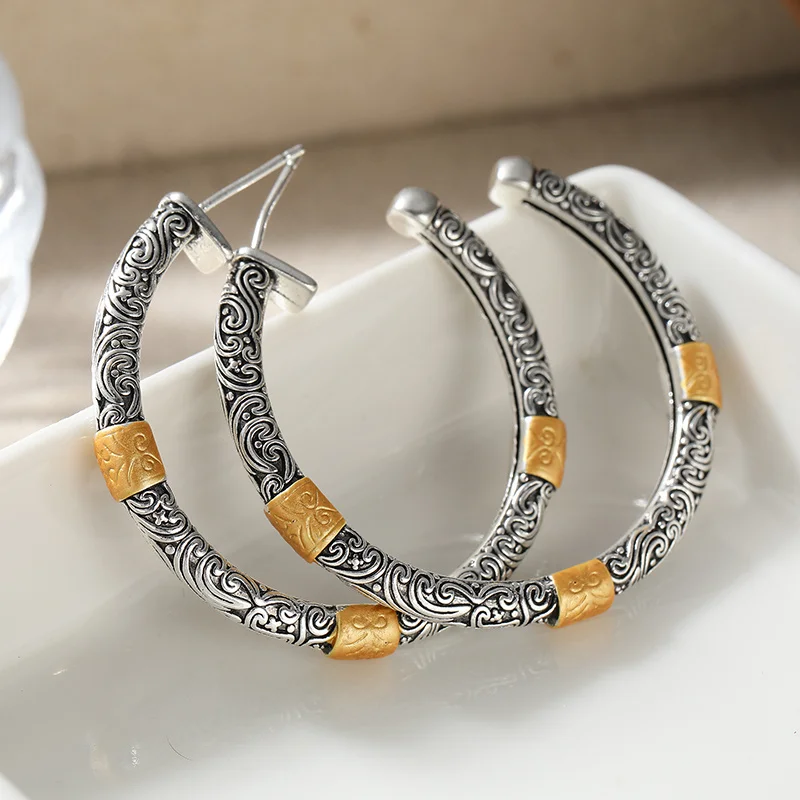 Women's Bohemian Style Two Color Curly Grass Patterned Earrings Exotic Patterns Metal Hoop Earrings Vintage Jewelry Accessory
