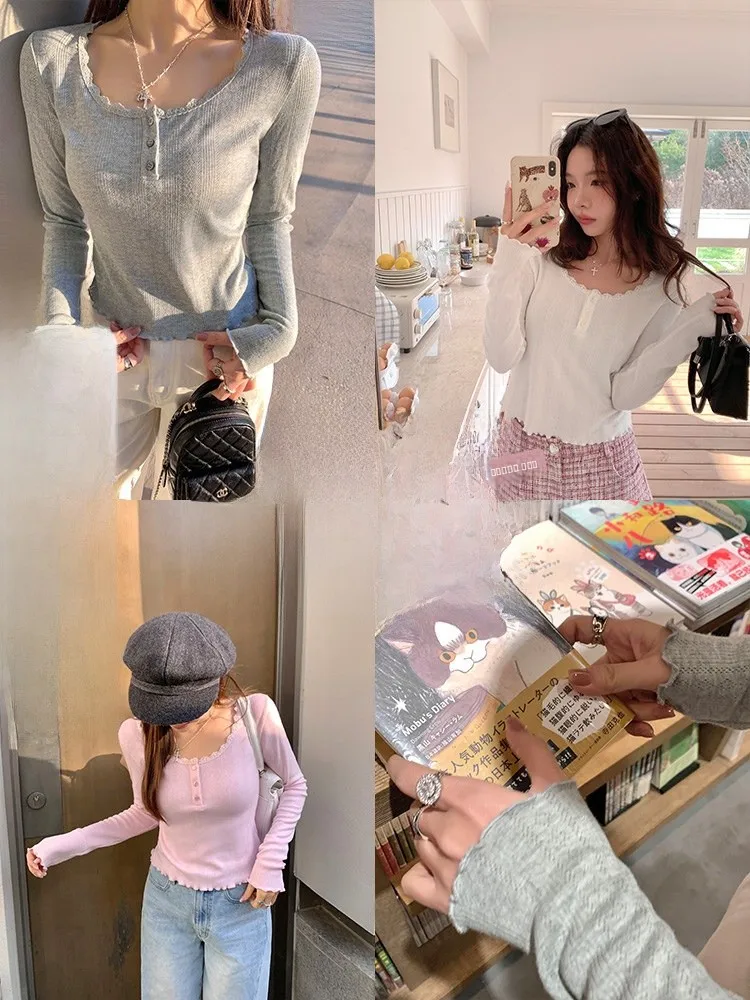 

Ele Long Sve Knitted T-irt Women's Inner Wear Lace Splicing Hollow out Design Faionable Yet Sexy Commute Sle