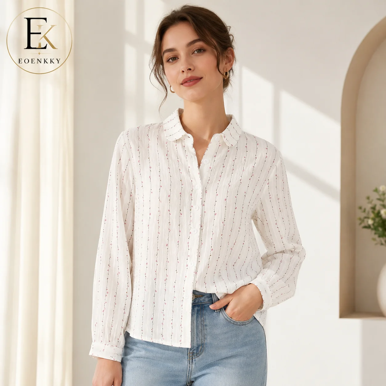 Women Cotton Blend Button Down Shirt Floral Stripe Long Sleeve Loose Blouse Casual Office Spring Top S-XL EOENKKY