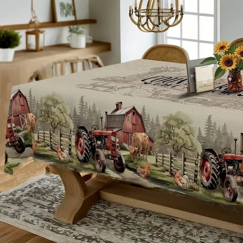 1pc farmhouse wind tablecloth, featuring retro tractor, rooster and farm animal patternsxzj