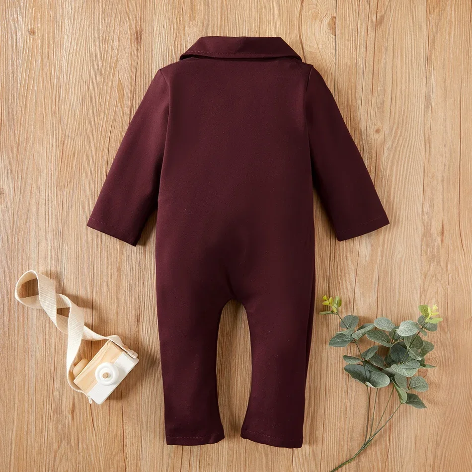 PatPat New Spring And Autumn Baby Gentleman Solid Jumpsuit for Baby Boy Bodysuits Clothes Solid Big Lapel Long-sleeve Jumpsuit