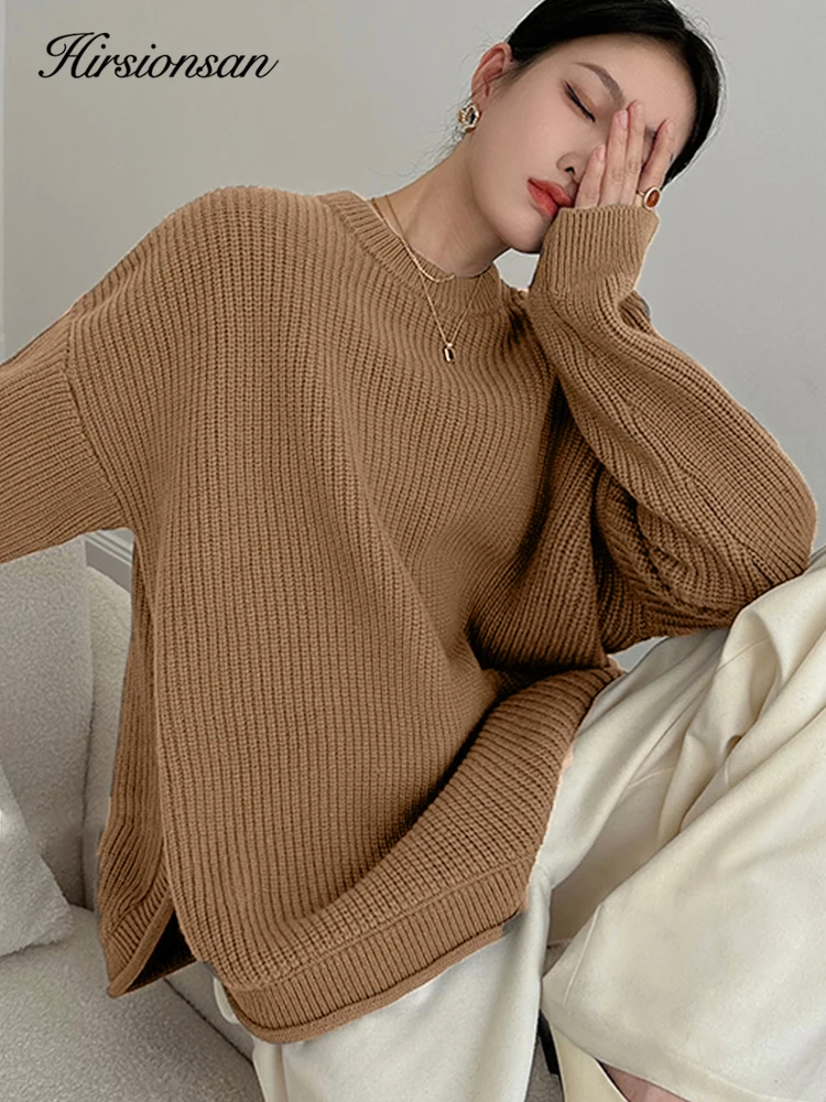 Hirsionsan Basic Knitted Cashmere Sweater Women 2023 New Winter Loose Split Ladies Pullovers Warm Casual Chic Elegant Jumper