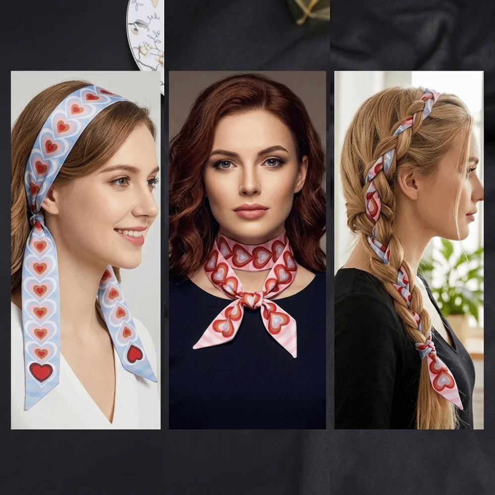 New Striped Slender Scarf Heart Pattern 120cm Length Satin Scarf Double Layer Small Headscarf Accessory Decoration