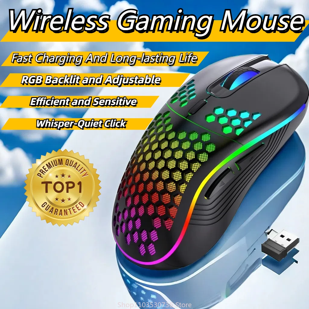 2.4G Wireless Gaming Mouse RGB Lighting Charging Mouse with Adjustable DPI Ergonomic Honeycomb Design for Desktop Laptop