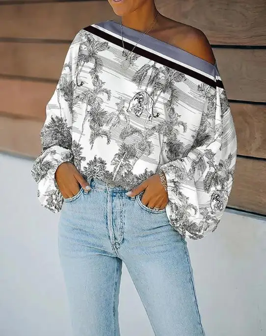 

Блузка с принтом растений и животных, с асимметричным вырезом, рукавами-фонариками, повседневная, с контрастными полосками, свободного кроя