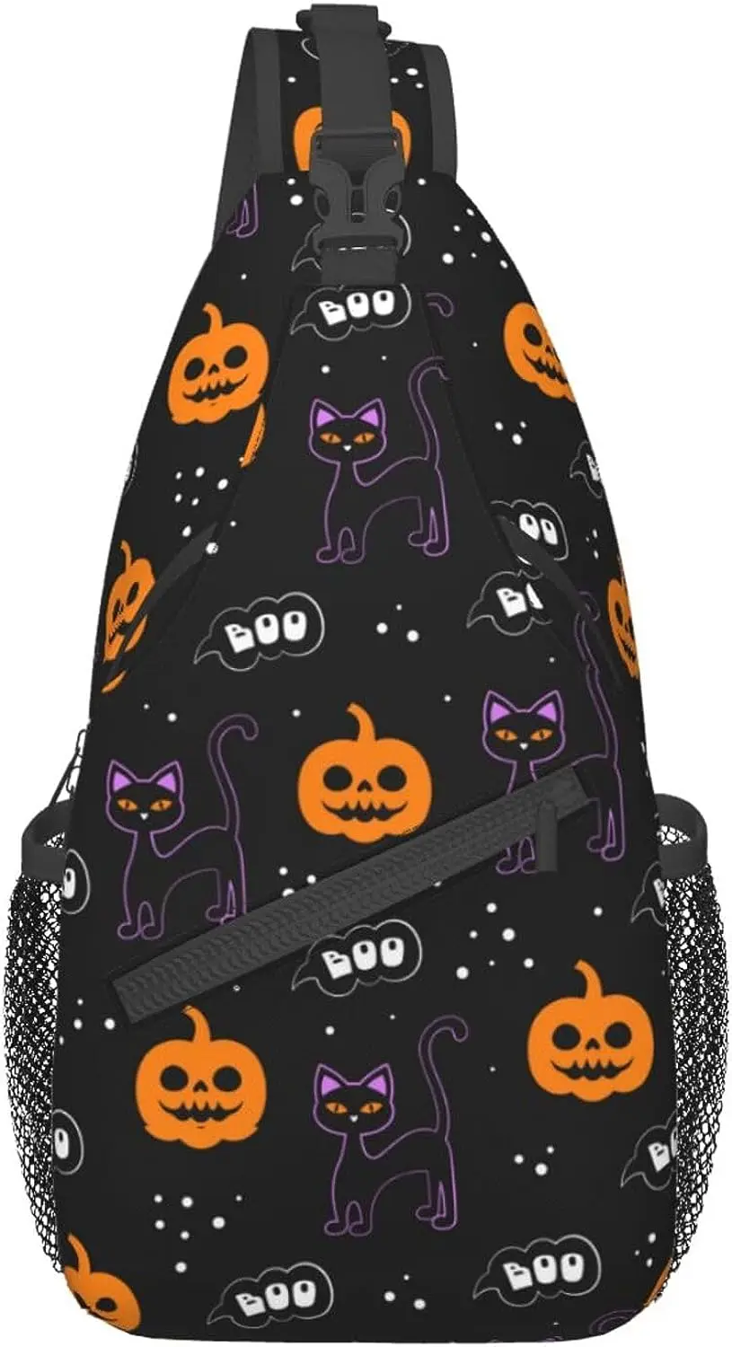 

Pumpkin Black Cat Crossbody Bag Sling Shoulder Backpack for Men Women Skull Unisex Small Hiking Backpack Durable Daypacl