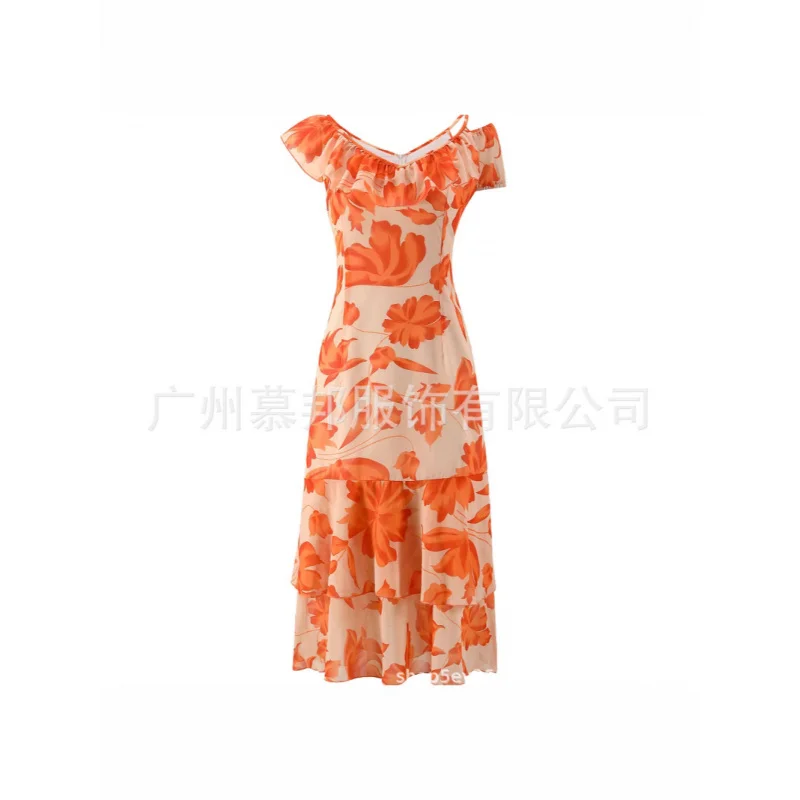 

Women's summer printing single-shoulder suspender dress