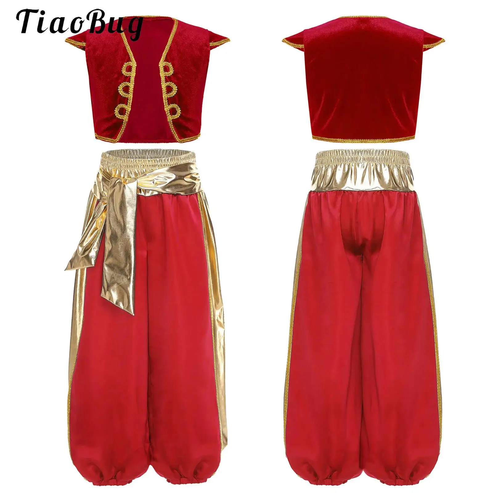 Kids Boys Arabian Prince Costume Cap Sleeve Braided Trim Vest Waistcoat And Metallic Bloomers Harem Pants Halloween Performance
