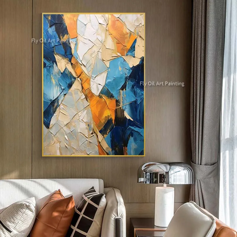 Abstract Colorful Knife Thick Oil Painting Modern Original Color Block Hand Painted Blue White Orange Canvas Painting For Decor