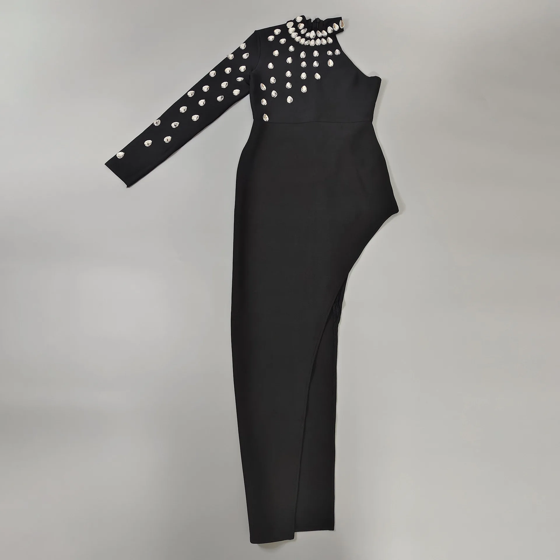 LEOSOXS Vestido de noite feminino elegante preto design assimétrico e detalhes de cristal para sofisticação de luxo atemporal 2025