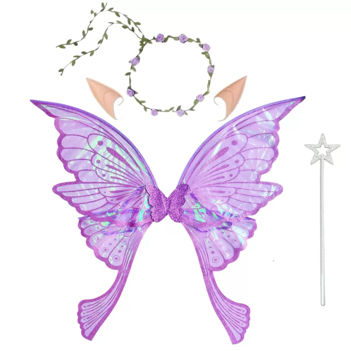 4Pcs Halloween Fairy Cosplay Set, Organza Butterfly Elf Wings Garland Elf Ears, Women Party Dress Up Costume Accessories