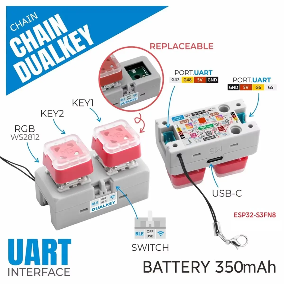 Chain DualKey Programmable Dual-Button Input Development Board ESP32-S3 Development Board Programmable RGB LEDs