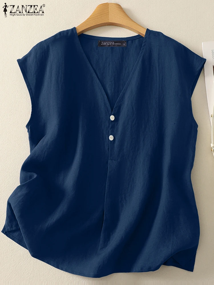 ZANZEA قطع علوية كلاسيكية للسيدات صيفية كاميس مثيرة بدون أكمام بلون سادة تي شيرت موضة 2025 بلوزات فضفاضة غير رسمية على شكل حرف v