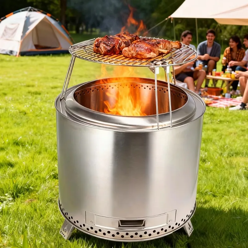 【Best-selling】19.5 Inch Smokeless Firepit Grill Portable Wood Burning Fire Pit Camping Backyard Stainless Steel Painted Outdoor