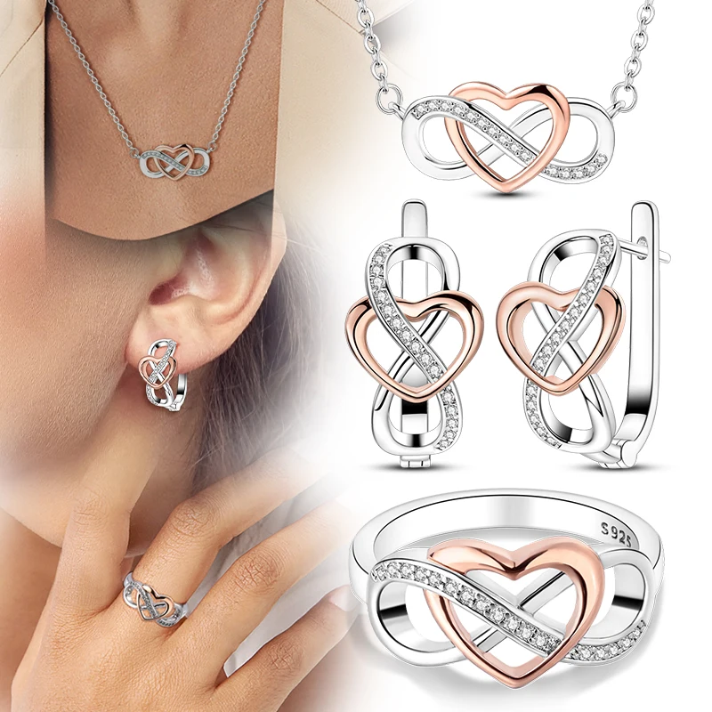 Ohrringe Ring Halskette Schmuckset Original 925 Sterling Silber Ewige Unendliche Liebe Französisches Set für Frauen Mädchen Damen Feines Geschenk