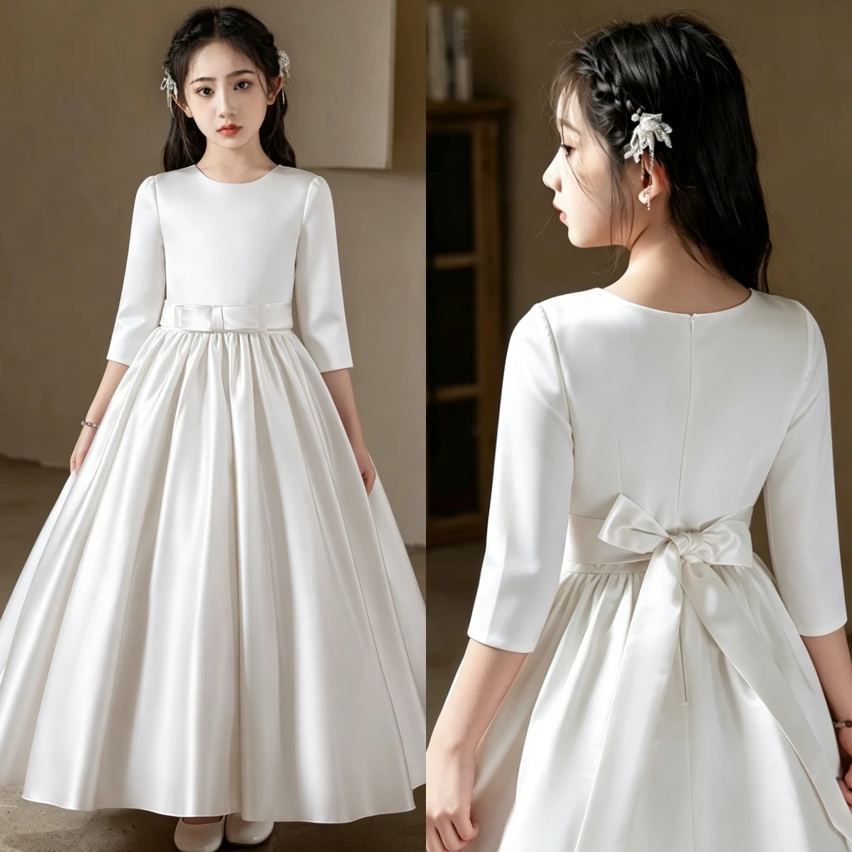 Girl White Modest Plain Satin Communion Dress Elegant Plain Crew Neck 3/4 Sleeve Flower Girl Gown for Birthday Party Performance