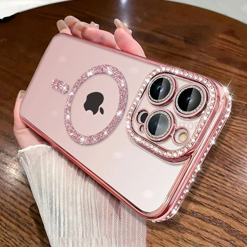 Luxus Bling Kristall Objektiv Film Fall Für iPhone 15 16 11 12 13 14 Pro Max 16 Plus Magsafe magnetische Drahtlose Lade Klare Abdeckung