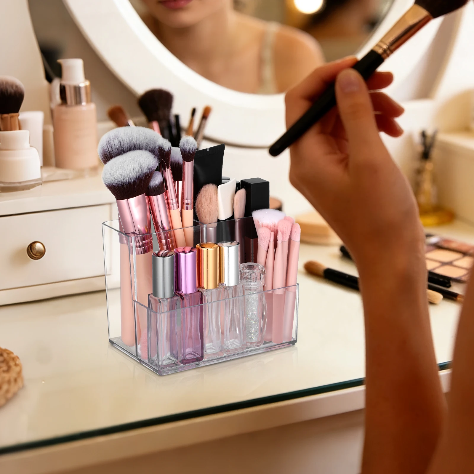 

Clear Makeup Brush Holder with Divided Compartments for Desk Vanity Bathroom Storage Multi-Functional Organizers Desktop Makeup