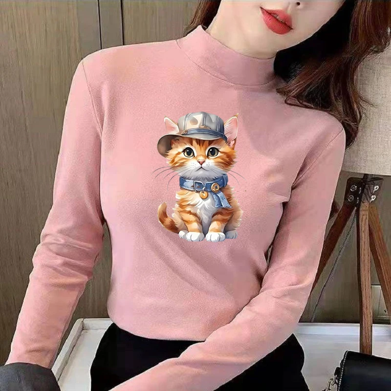 Winter Women's Thermal Brushed Fleece Half Mock Neck Long Sleeve T Shirt Orange Cat Denim Hat Graphic Warm Tee