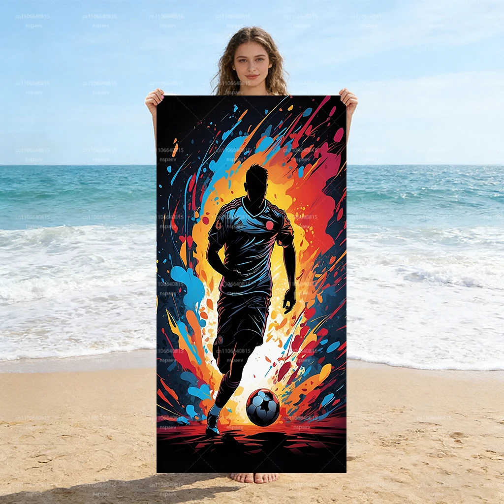 Colorful Soccer Player Beach Towel, Abstract Graffiti Football Print Microfiber Towel, Quick Dry Sports Bath Towel for Men Boys,