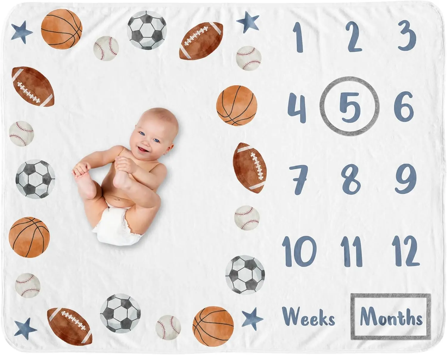 بطانية مراحل نمو الطفل من فيكاما بتصميم رياضي - كرة قدم ورجبي وبيسبول وكرة سلة بنمط الألوان المائية القديمة ونجوم زرقاء