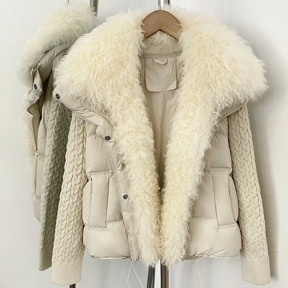 OFTBUY Damen Neue Winter Echt-Lammfellkragen Daunenjacke Natürlicher Pelz Enten-Daunenjacke Damen Mode Kurze Warme Oberbekleidung – Detail 12