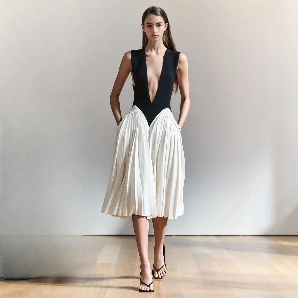 Customized Black White Color Block Midi Evening Dress Deep V‑Neck Sleeveless Pleated Skirt A‑Line Formal Party Gown with Pockets